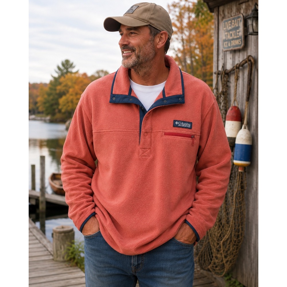 Columbia PFG Harborside Fleece Pullover Men XL Salmon Snap Neck FM6137